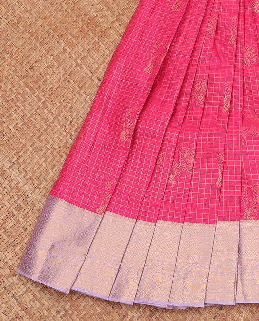Pink Budget Silk Saree, Detailed with Zari Buttas and Checks, Complemented by a Contrast Traditional Zari Border, Grand Pallu, and a Contrast Blouse