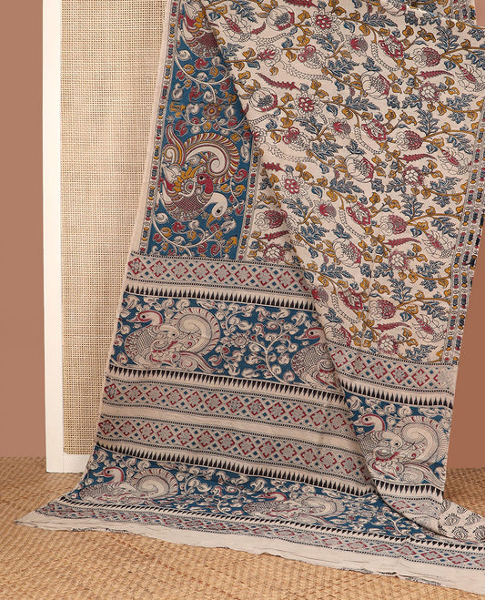 Light sandal floral vine machine-printed kalamkari cotton saree, contrast peacock printed border & pallu of peacock & geometric print