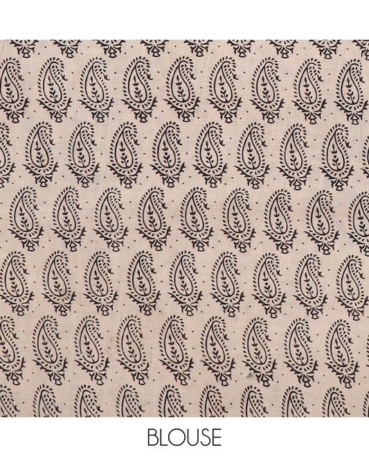 Light sandal floral vine machine-printed kalamkari cotton saree, contrast peacock printed border & pallu of peacock & geometric print