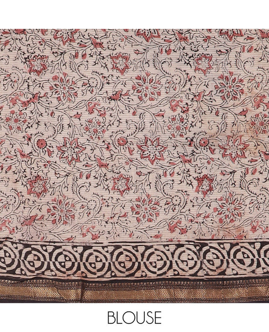 Brown floral vine machine-printed kalamkari cotton saree, zari border & pallu of floral creeper & camel motifs print