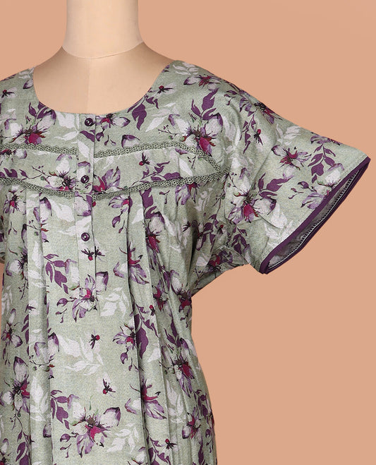 Green floral printed with round neck half-sleeve cotton nighty