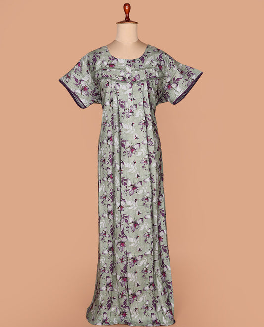 Green floral printed with round neck half-sleeve cotton nighty