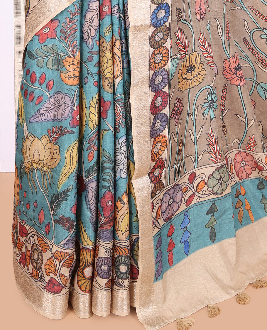 Blue Kalamkari Printed Fancy Tussar Saree