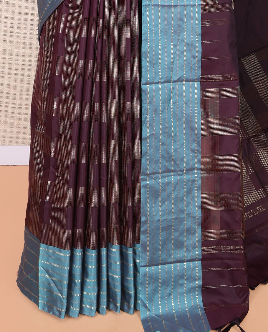 Brown Arani Saree, Crafted with Zari Checks, a Contrast Zari Striped Border, Pallu of Zari Design, and a Matching Blouse