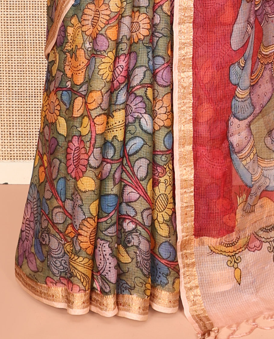 Grey Floral Vine Pen Kalamkari Silk Saree, a Contrast Zari Border, God Motif Pallu, a Contrast Blouse