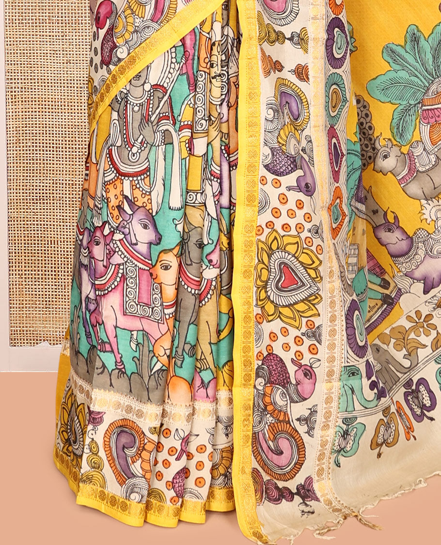 Turquoise Kalamkari Silk Saree, Enthralled with Human Figurines, a Contrast Peacock Border, Kalamkari Pallu, and a Contrast Blouse