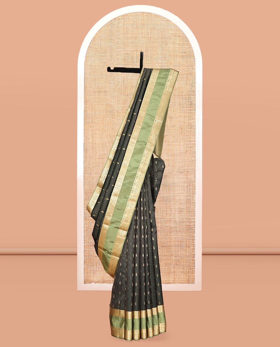 Green Vasundhara Lite Silk Mix Saree, Elevated with Zari Buttas and Strpes, a Contrast Rettai Pettu Zari Border, a Grand Pallu, and a Contrast Blouse