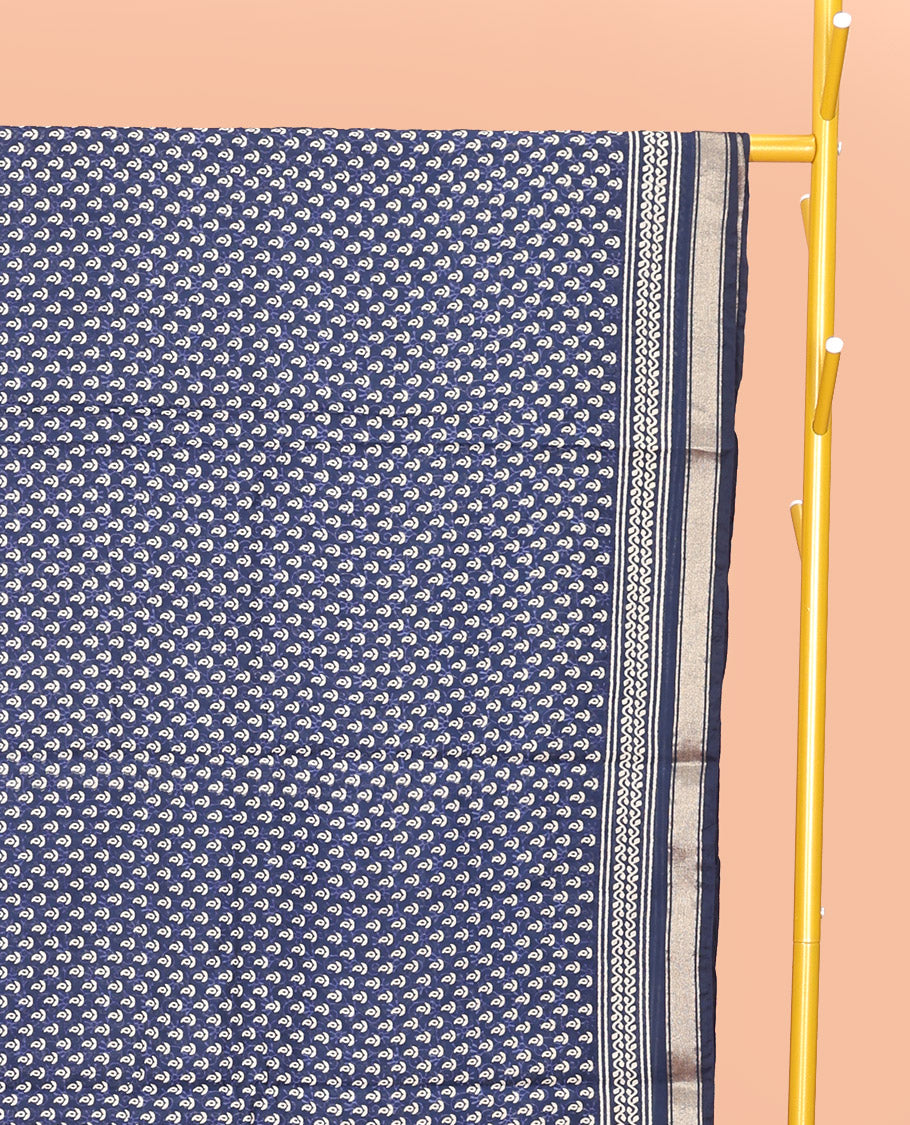 Blue Mul Mul Cotton Saree, Bedecked with Paisley Buttas, a Piping Border, Geometric-Printed Pallu, and a Matching Blouse