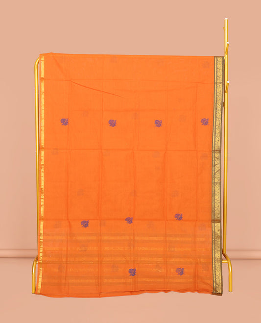 Orange Venkatagiri Cotton Saree Features Peacock Buttas, a Contrast Zari Border, Pallu of Peacock Buttas and Stripes, and No Blouse