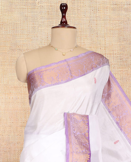 White Banana Pith Saree, Woven with Thread Buttas, a Contrast Peacock-Floral Zari Border, Pallu of Buttas, and a Contrast Blouse