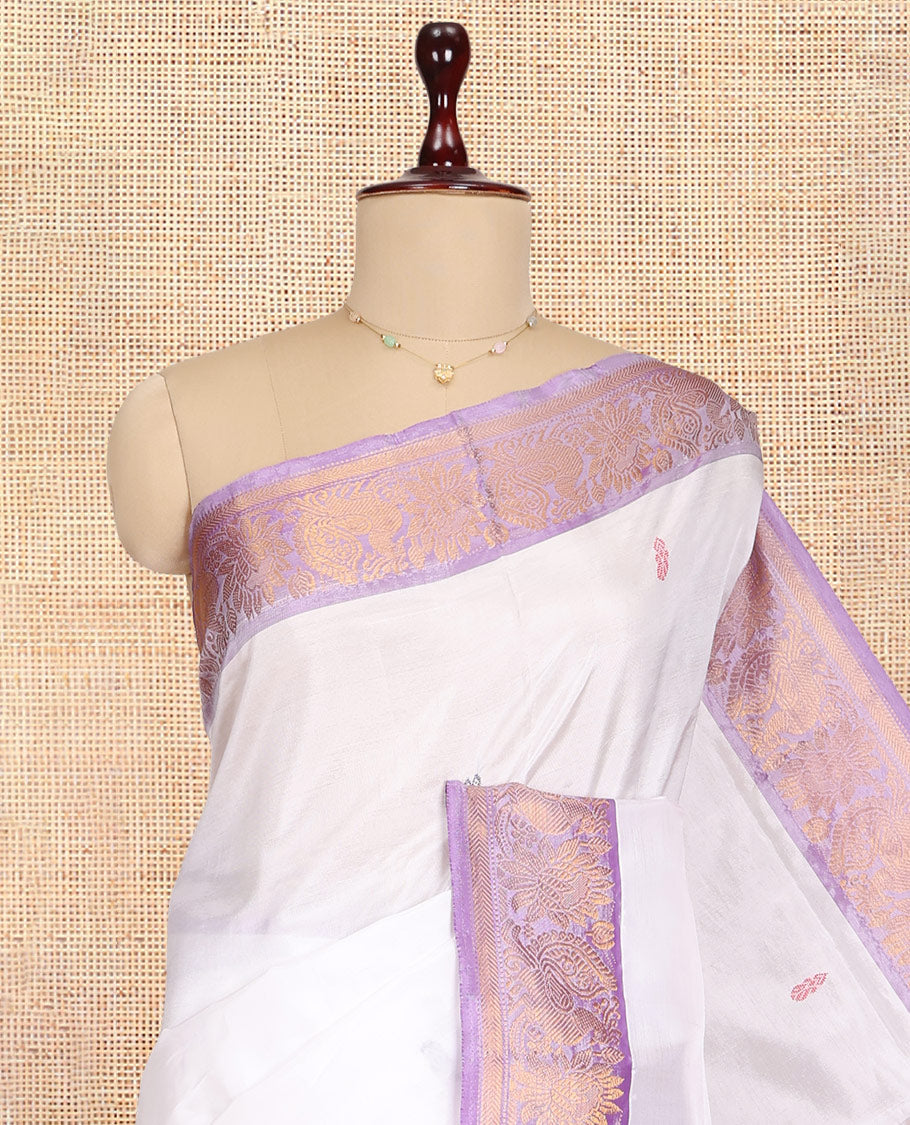 White Banana Pith Saree, Woven with Thread Buttas, a Contrast Peacock-Floral Zari Border, Pallu of Buttas, and a Contrast Blouse
