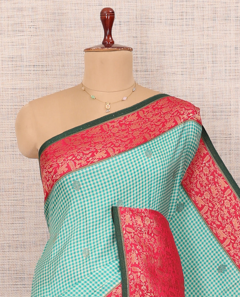 Rama Blue Micro Checks Fancy Mysore Silk Saree