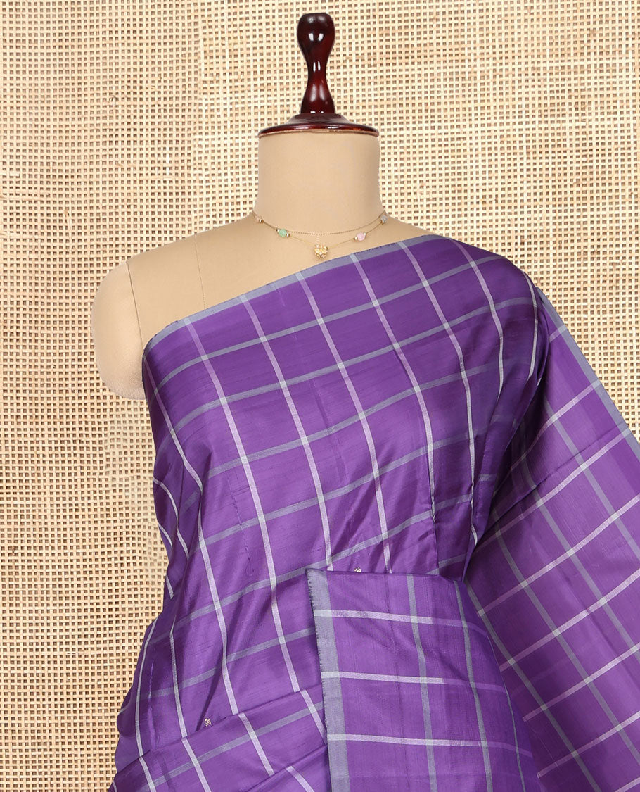 Borderless Violet Checked Banana Pith Saree, a Contrast Pallu of Stripes and Buttas, and a Contrast Blouse