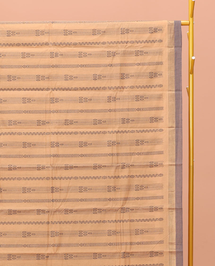 Sandal Kanchi Cotton Saree, Elevated with Geometric Design on Its Body, Complemented by a Contrast Border, Pallu of Flower Designs, and a Matching Blouse