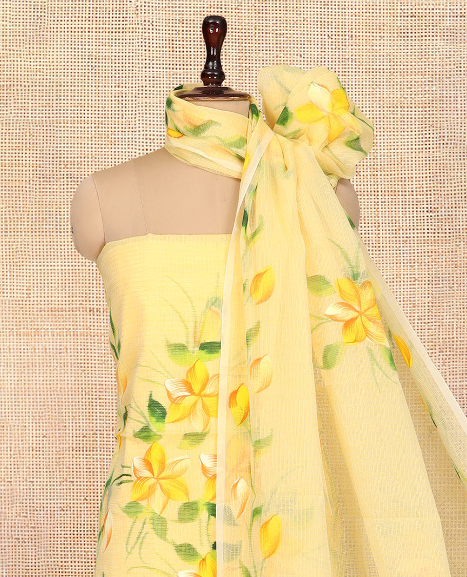 Yellow Net Kota Material Churidar, Adorned with Hand-Brush Painting Floral Printed Top, a Plain Bottom, and Hand-Brush Floral Printed Dupatta