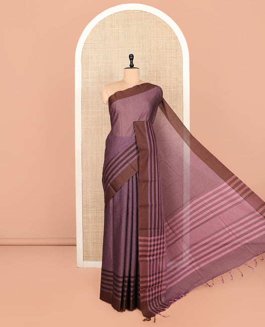 Brown Striped Andhra Cotton Saree, a Contrast Border, Striped Pallu, and a Matching Blouse