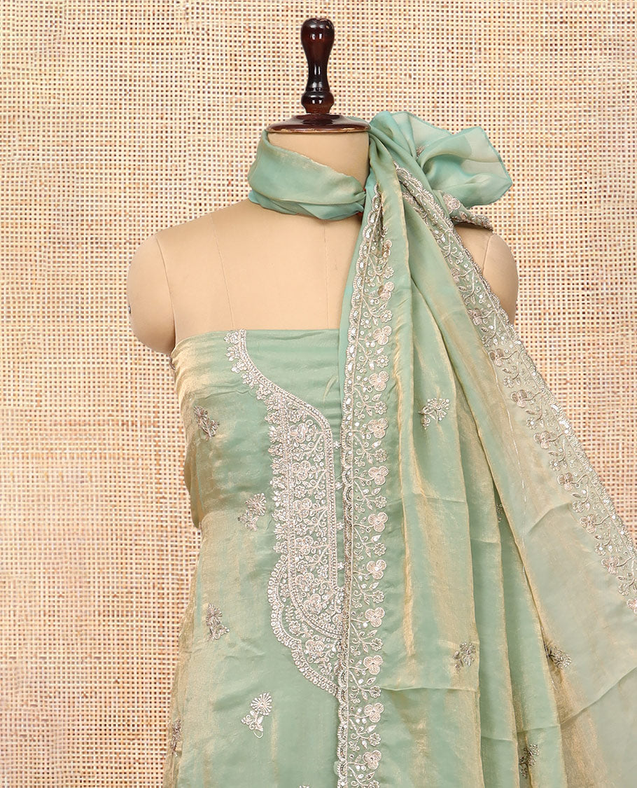 Pista Green Fendy Organza Material Chudidar Set, Adorned with Neck Embroidered Top, a Santoon Bottom, and a Embroidered Dupatta