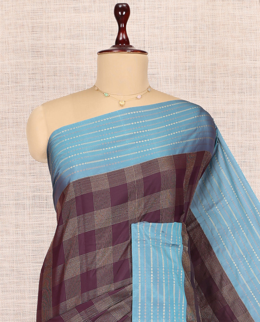Brown Arani Saree, Crafted with Zari Checks, a Contrast Zari Striped Border, Pallu of Zari Design, and a Matching Blouse