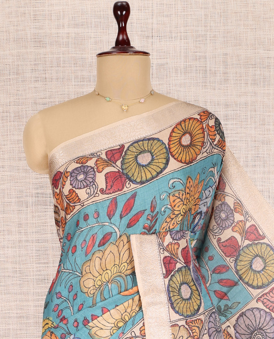 Blue Kalamkari Printed Fancy Tussar Saree