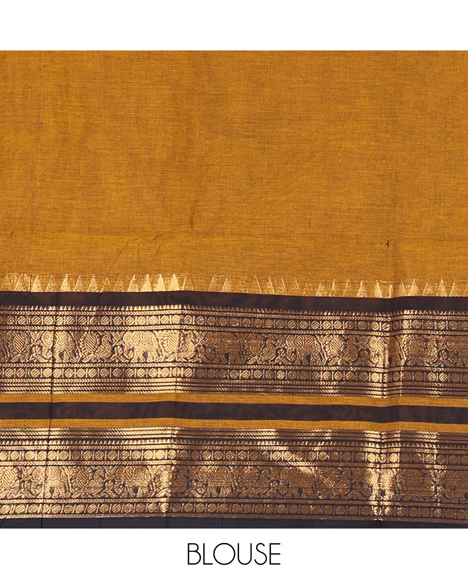 Mustard Plain Chettinad Cotton Saree, Complemented by a Contrast Rettai Pettu One-Sided Zari Border of Temple, Paisa, Elephant, and Peacock Designs, Subtly Striped Pallu, and Paired with a Matching Blouse