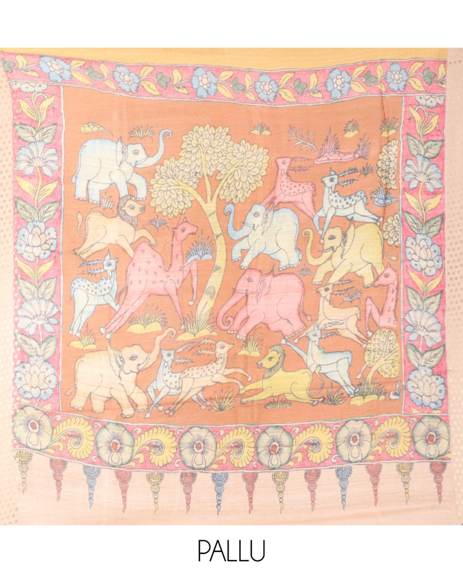 Sandal Plain Fancy Tussar Silk Saree, Contrast Triangle Motif Border, Pallu of Kalamkari Animal Motifs, and Contrast Kalamkari Printed Blouse