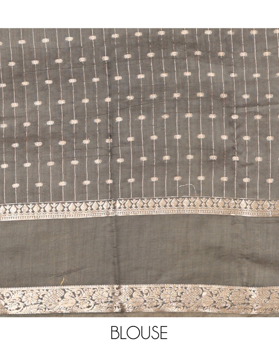 Purple Assam Silk Saree, Detailed with Zari Stripes, Complemented by Contrast Traditional Zari Border, Gleaming Striped Pallu, and Contrast Blouse