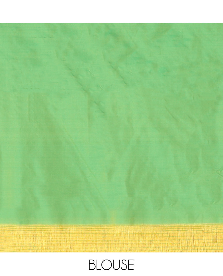 Orange Arani Saree, Adorned with Zari Buttas, a Piping Border, Contrast Zari Design Pallu, and a Contrast Blouse