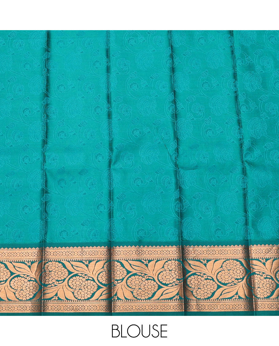 Orange Budget Silk Saree, Subtly Sparkled with Jacquard, Complemented by Contrast Floral Creeper Zari Border, Jaal Pallu, and a Contrast Blouse