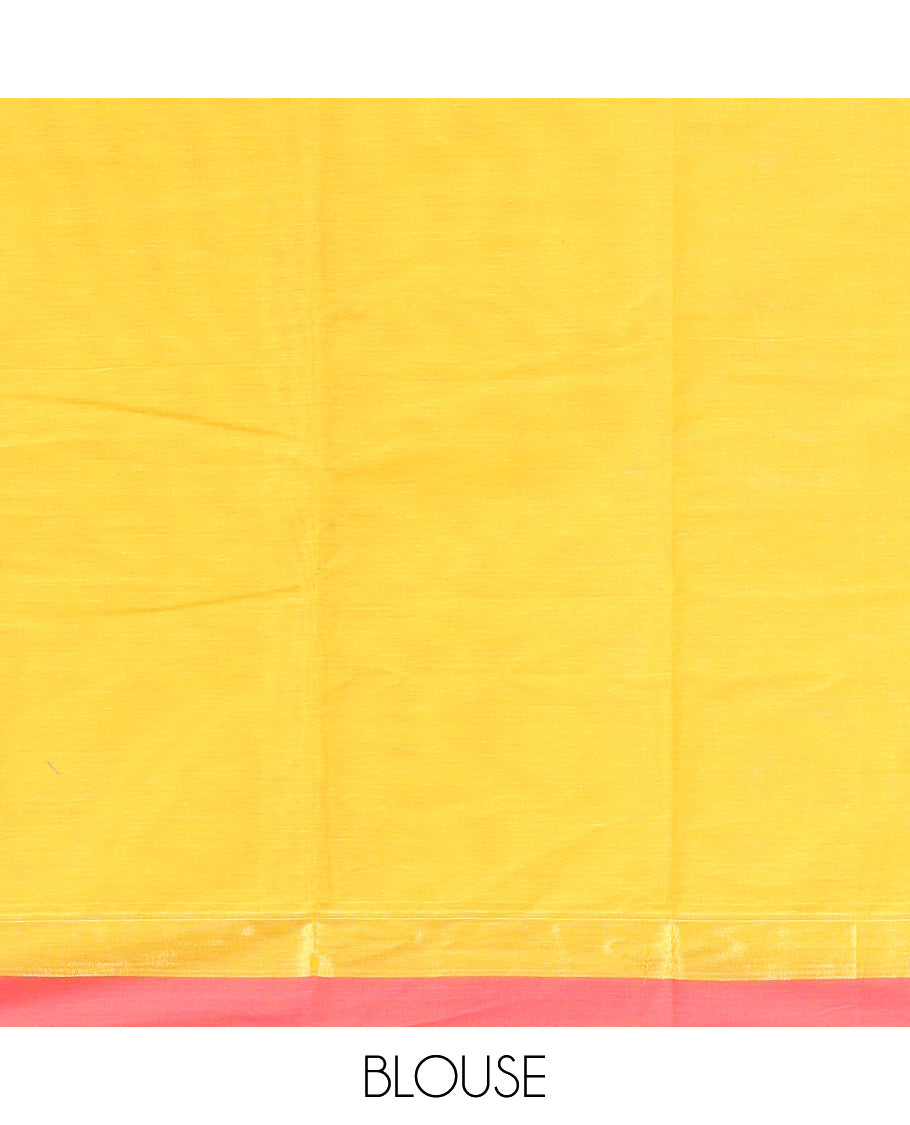 Yellow Kanchi Cotton Saree, Woven with Thread Buttas, a Contrast Border, Pallu of Floral and Animal Design, and a Matching Blouse
