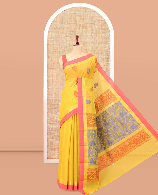 Yellow Kanchi Cotton Saree, Woven with Thread Buttas, a Contrast Border, Pallu of Floral and Animal Design, and a Matching Blouse