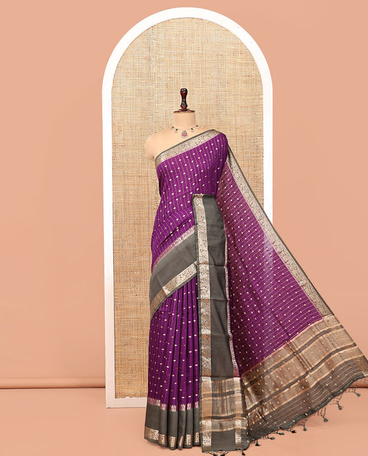 Purple Assam Silk Saree, Detailed with Zari Stripes, Complemented by Contrast Traditional Zari Border, Gleaming Striped Pallu, and Contrast Blouse