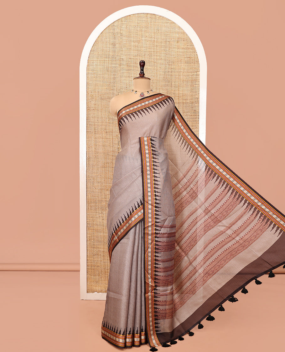 Grey Kota Saree, Contrast Temple Thread Traditional Border, and a Contrast Blouse
