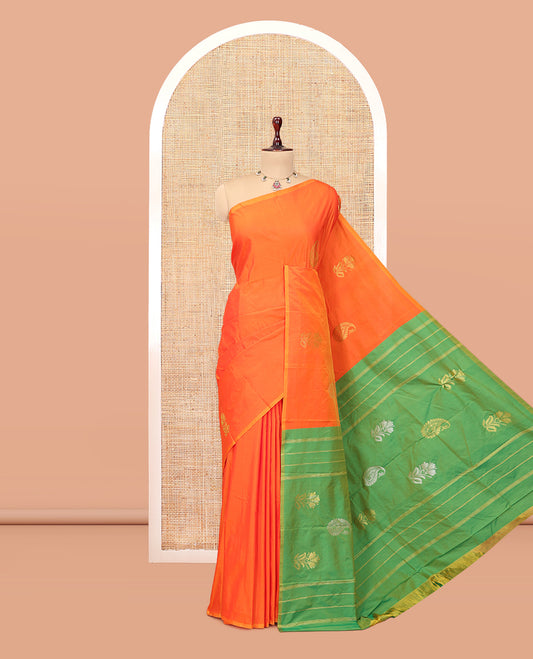 Orange Arani Saree, Adorned with Zari Buttas, a Piping Border, Contrast Zari Design Pallu, and a Contrast Blouse