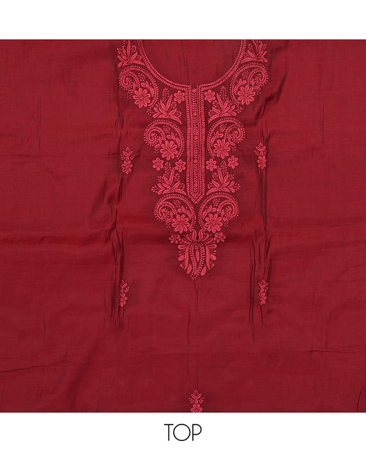 Maroon Material Chudidar Set, Subtly Woven with Lucknowi Chikankari-Style Floral-Leaf Neck Embroidery on Muslin Top, a Plain Santoon Bottom, and Paired with a Lucknowi Chikankari-Style Embroidered Muslin Scallop Dupatta