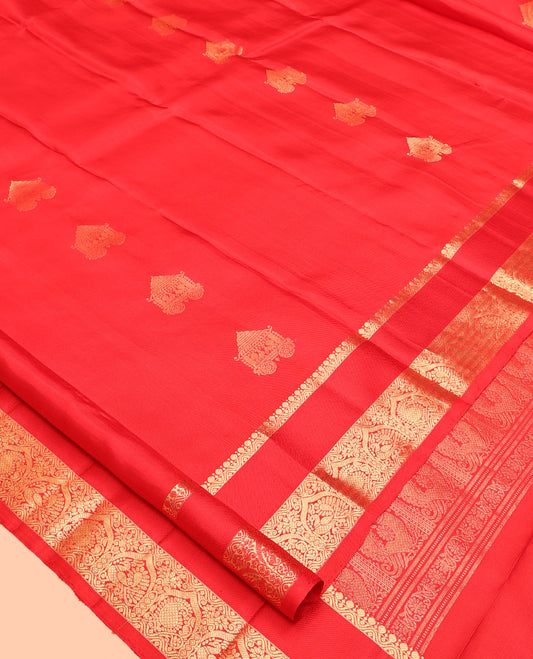 Red Kanchipuram Silk Saree, Mesmerized with Mayil Chariot, Zari Border of Paisa, Mayil and Manga Designs, Pallu of Intricate Design, and a Matching Blouse