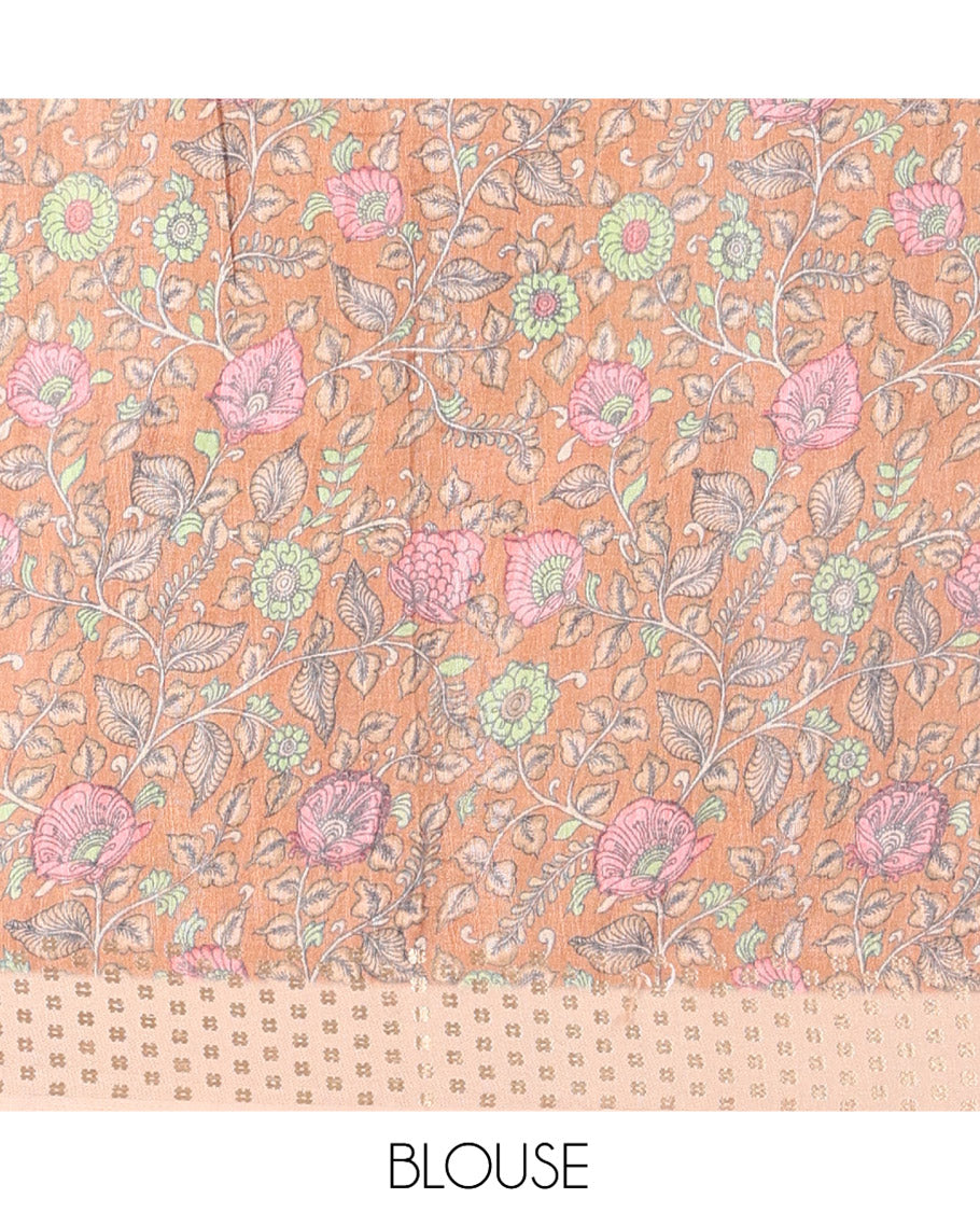 Sandal Plain Fancy Tussar Silk Saree, Contrast Triangle Motif Border, Pallu of Kalamkari Animal Motifs, and Contrast Kalamkari Printed Blouse