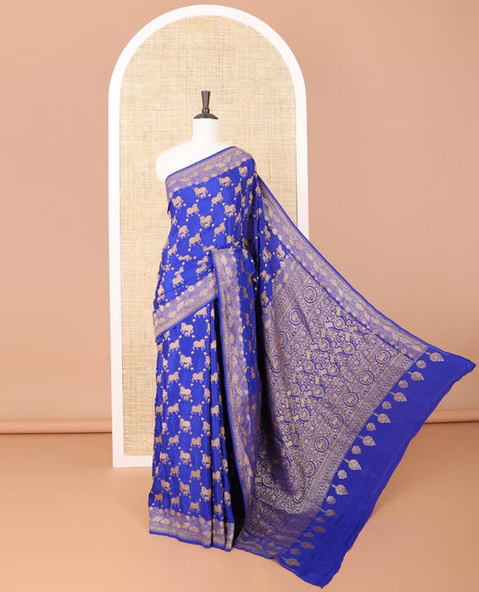 Blue pichwai design banaras silk saree with self intricate zari design & floral zari design pallu