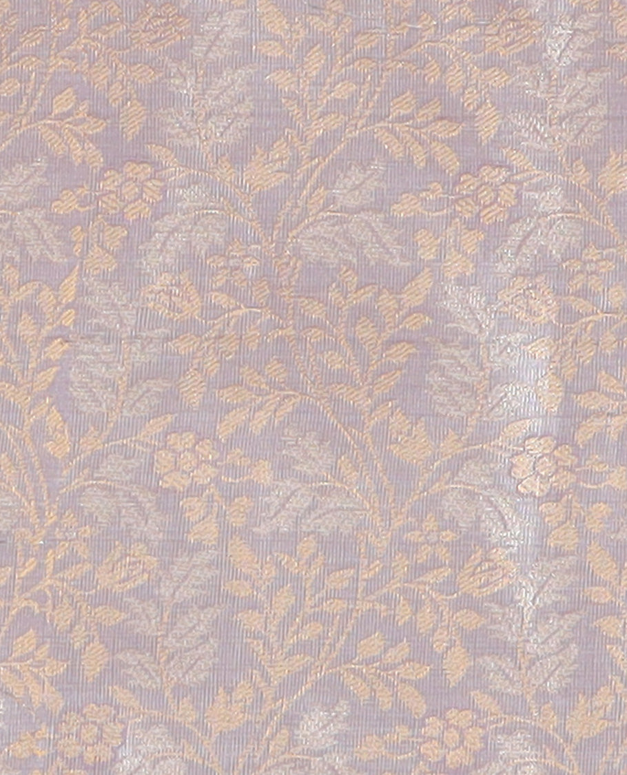 Grey Art Silk Material Half Saree Set Featuring Floral Jacquard Skirt, a Contrast Traditional Zari Design Border, a Zari-Jacquard Blouse, and a Dhavani Adorned with Floral Zari Designs