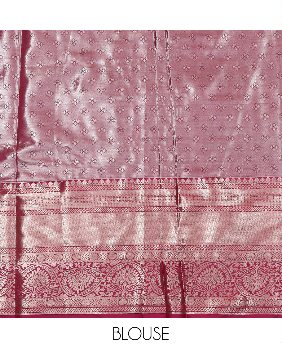 Grey Art Silk Material Half Saree Set Featuring Floral Jacquard Skirt, a Contrast Traditional Zari Design Border, a Zari-Jacquard Blouse, and a Dhavani Adorned with Floral Zari Designs