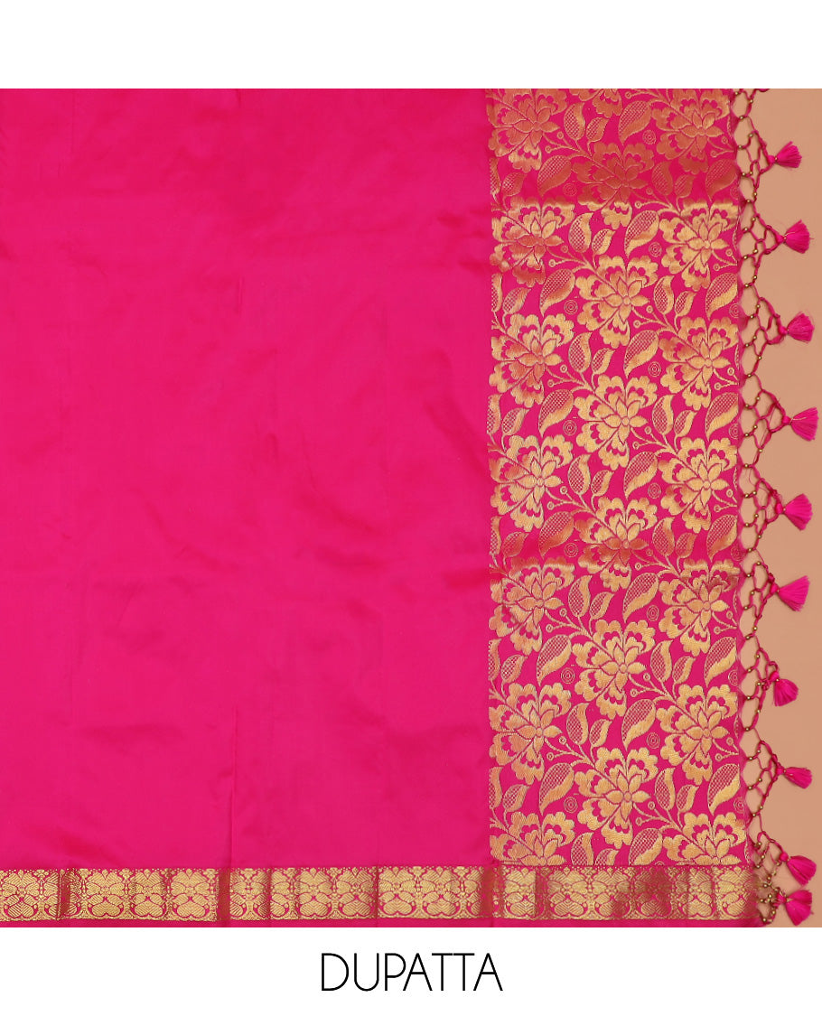 Grey Art Silk Material Half Saree Set Featuring Floral Jacquard Skirt, a Contrast Traditional Zari Design Border, a Zari-Jacquard Blouse, and a Dhavani Adorned with Floral Zari Designs