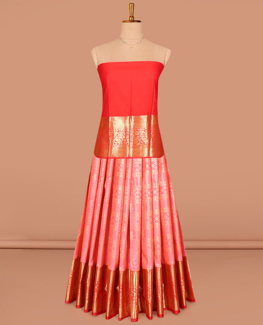 Pink Art Silk Pavadai Material Set, Boldly Accentuated with Jacquard Designs on Its Skirt, Complemented by a Contrast Traditional Zari Design Border, and Paired with a Contrast Blouse