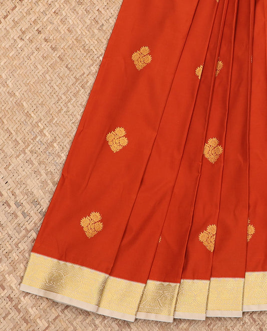 Orange zari buttas budget silk saree, contrast traditional zari border, and pallu