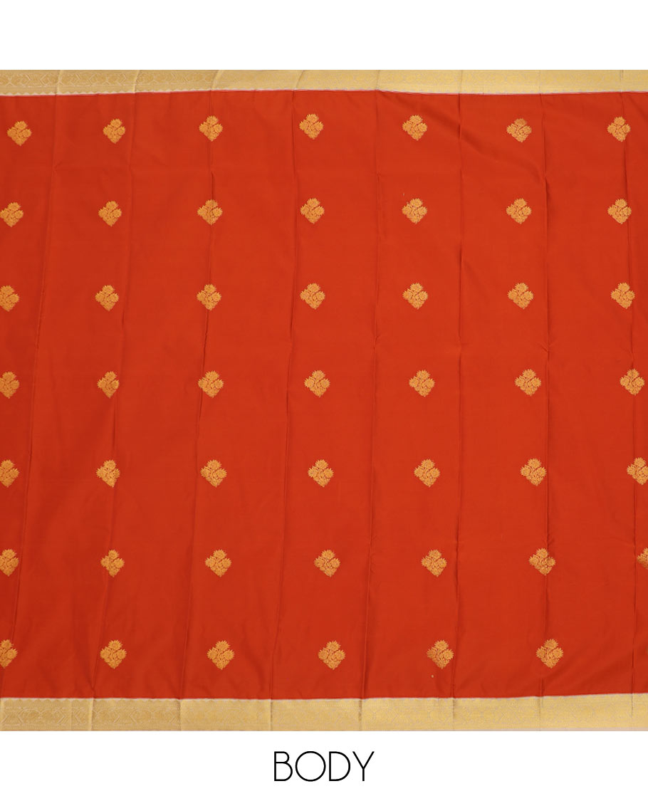 Orange zari buttas budget silk saree, contrast traditional zari border, and pallu