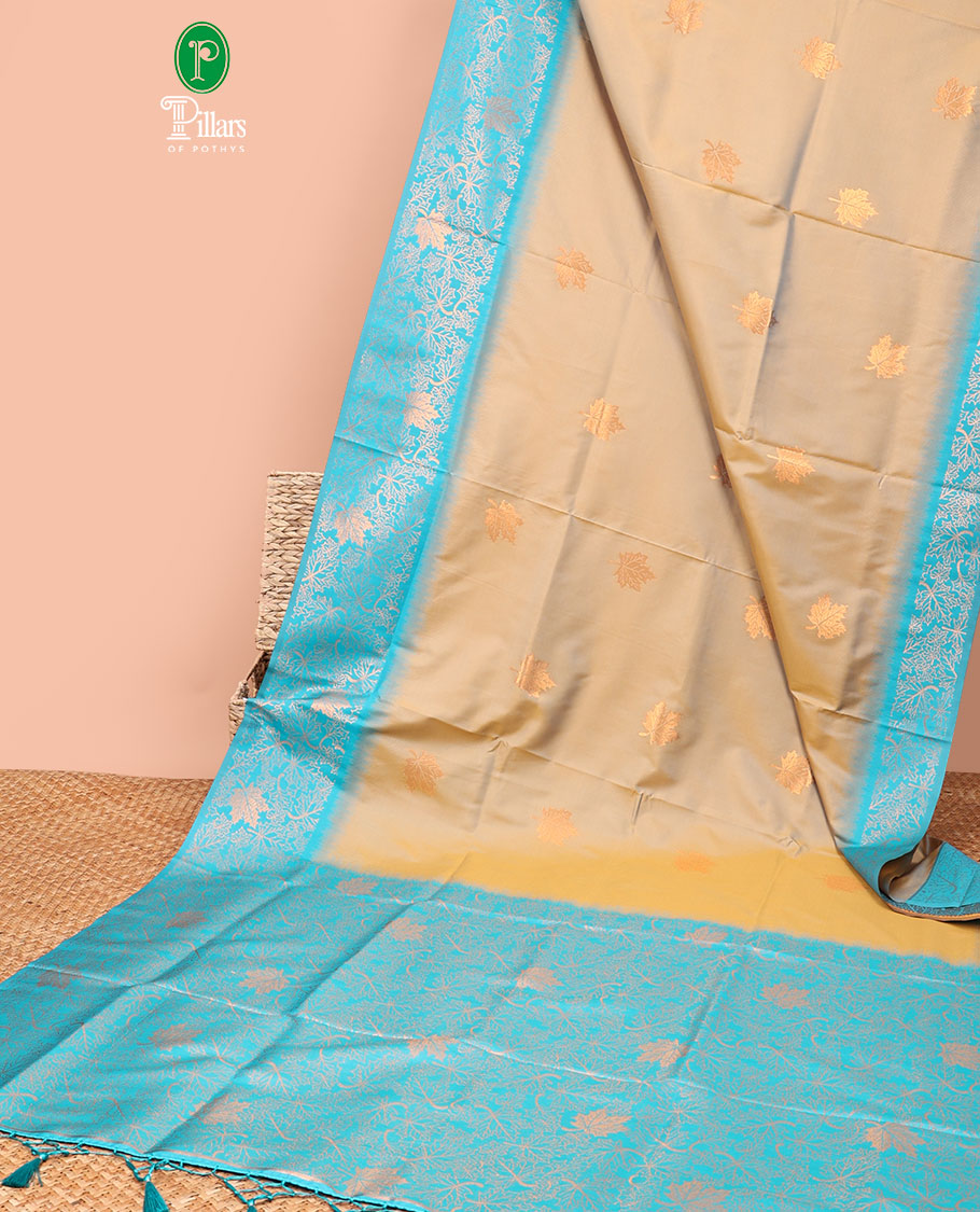 Mustard gold zari leaf butta mulburry soft silk saree with contrast zari weaving with tussels & contrast zari small buttas blouse