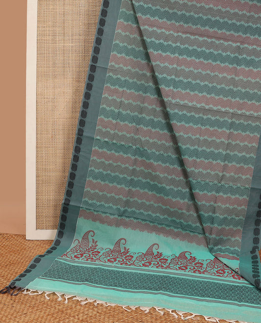 Sea green geometric design coimbatore cotton saree with contrast intricate design border & floral design pallu
