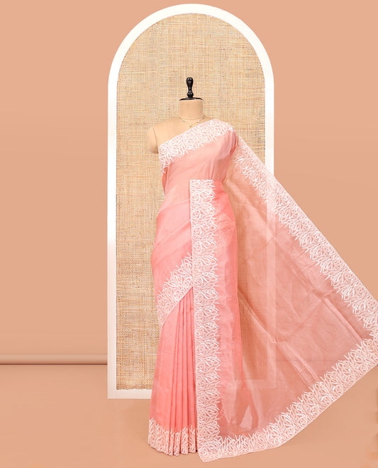 Pink Organza Saree, Mesmerized with Floral Thread Buttas, Scallop Floral Embroidery Border, and Matching Blouse