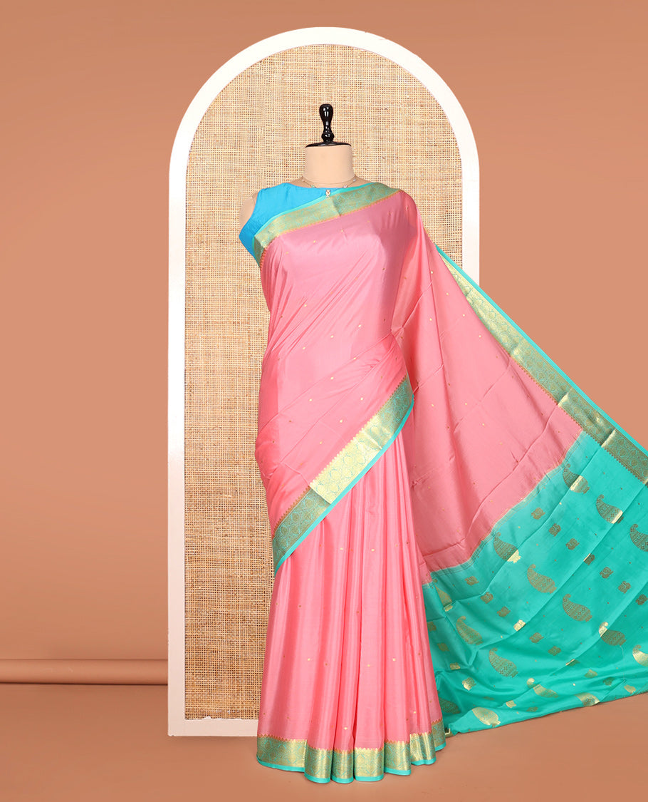 Pink Zari Buttas Mysore Silk Saree, Complemented by a Contrast Traditional Zari Border, Zari Design Pallu, and a Contrast Blouse