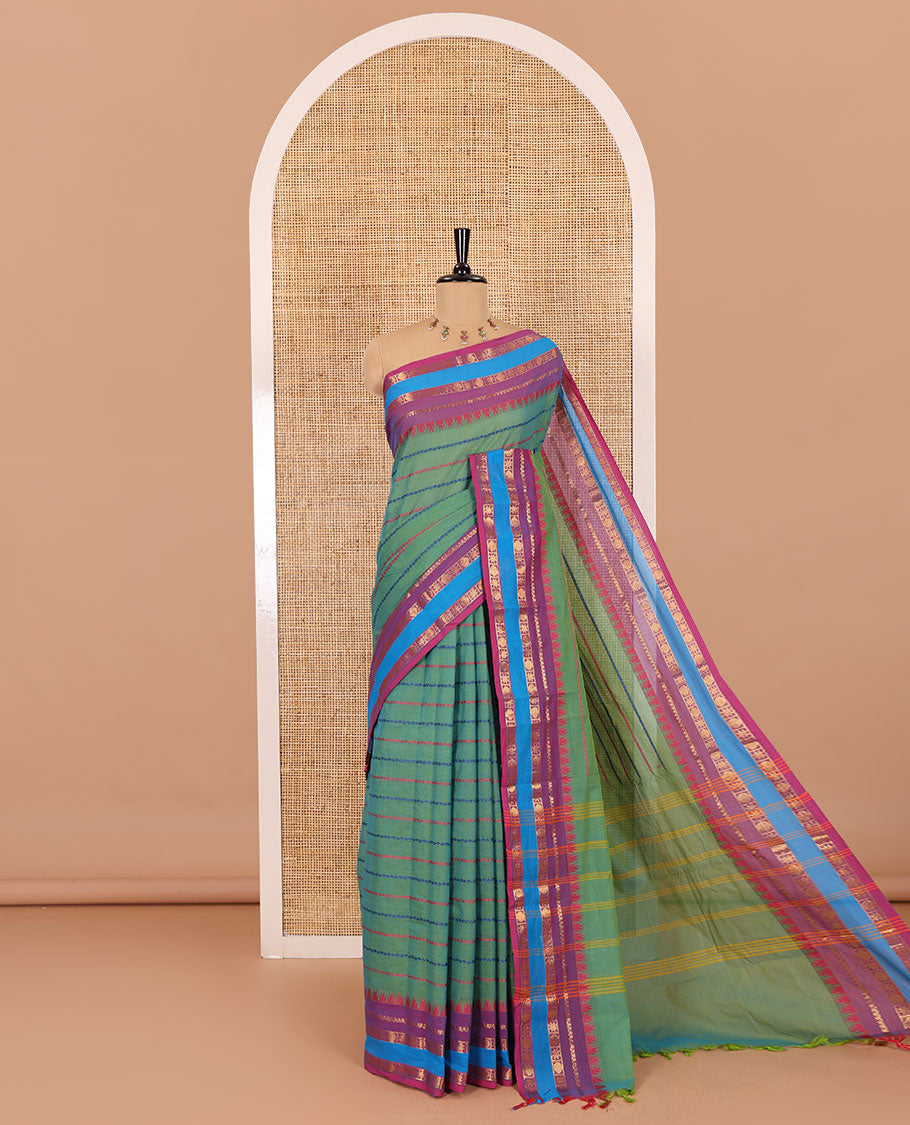 Green velthari design chettinad cotton saree , Contrast gold zari and thread weaving border , lining pallu