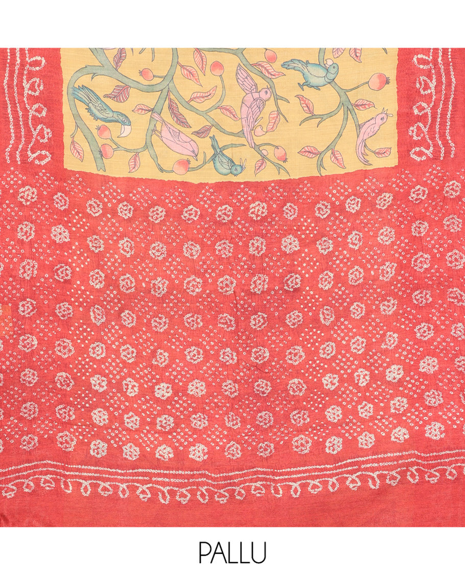 Yellow Fancy Tussar Saree Features Kalamkari Floral and Animal Print, Contrast Bandhani Border, Bandhani Pallu, and a Contrast Blouse