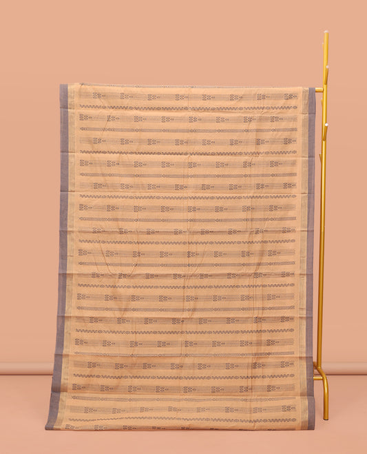 Sandal Kanchi Cotton Saree, Elevated with Geometric Design on Its Body, Complemented by a Contrast Border, Pallu of Flower Designs, and a Matching Blouse